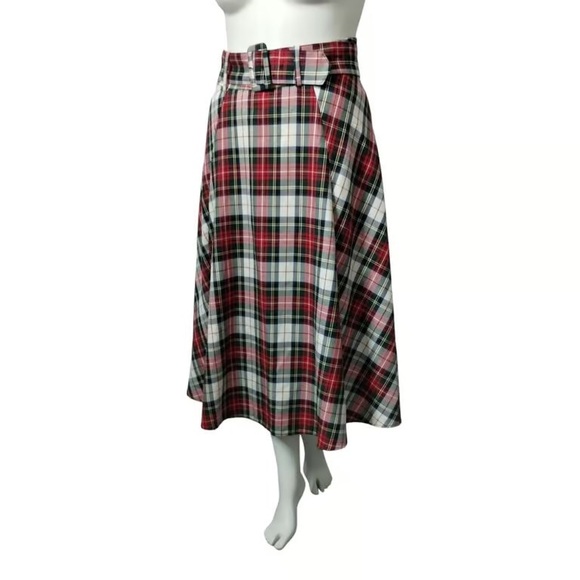 Dresses & Skirts - Women’s Red Plaid A-Line Midi Skirt with Belt